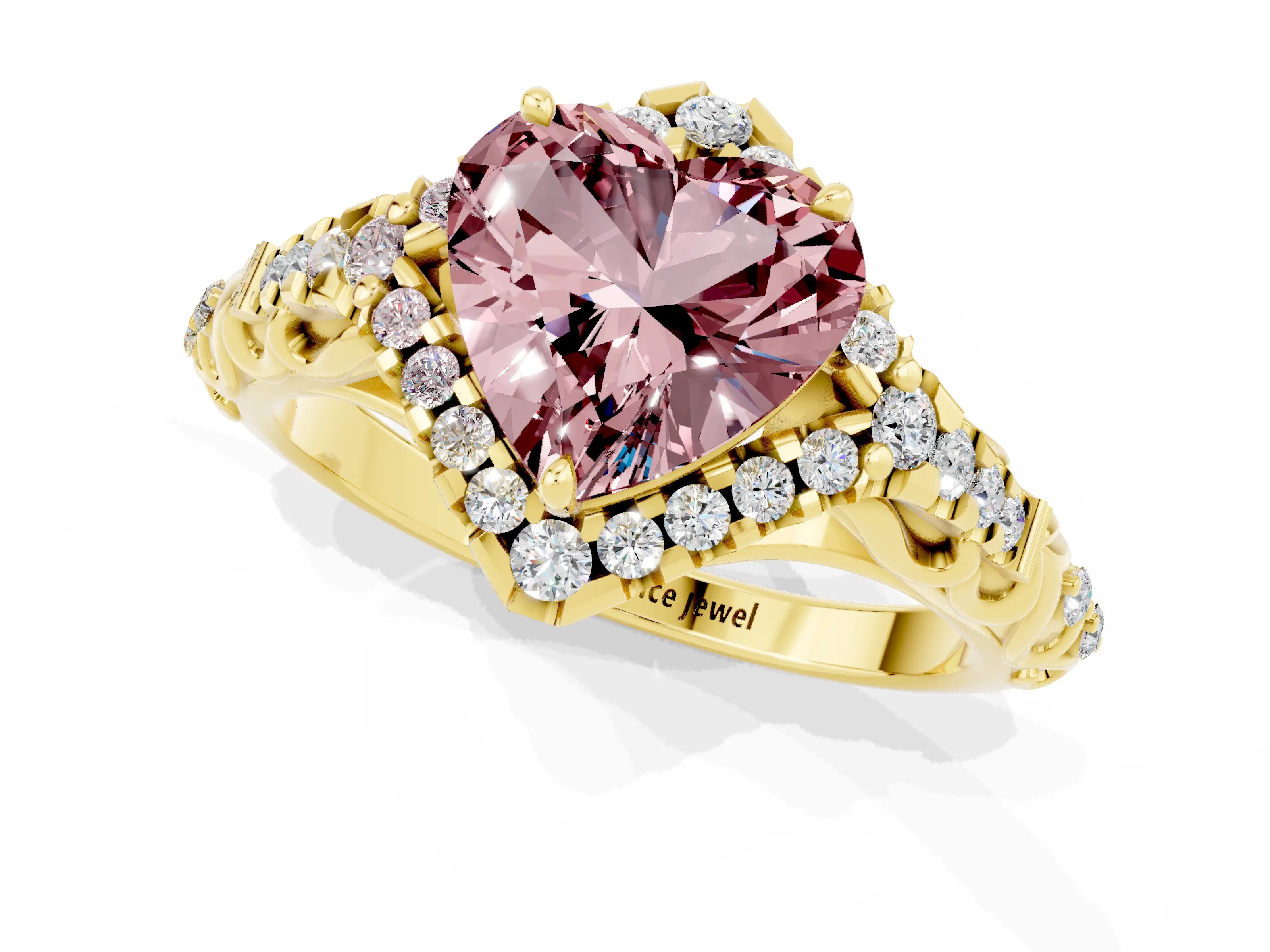 Yellow gold Heart Cut Morganite Solitaire Ring with Hidden Halo and Pavé Band_13
