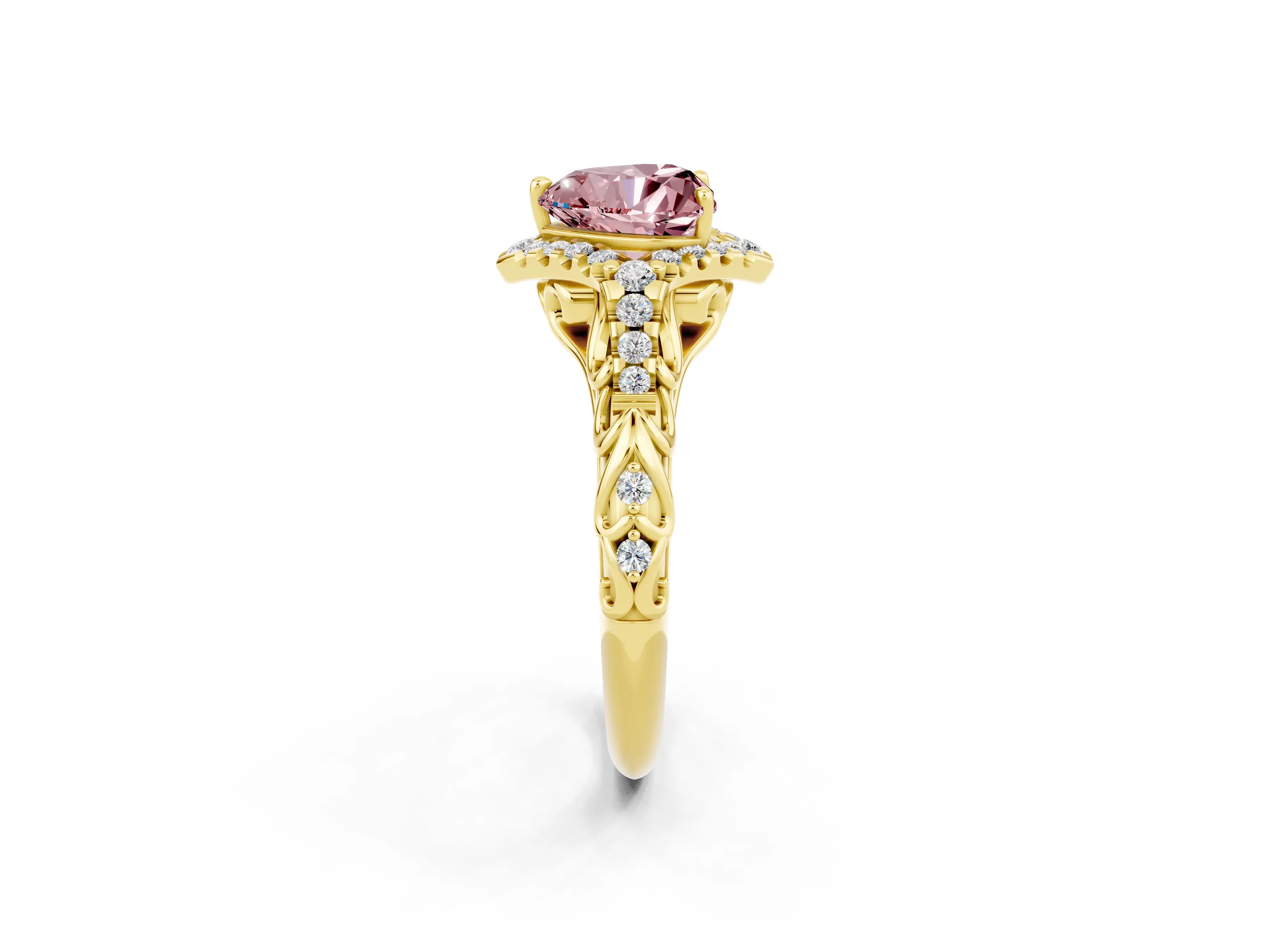 Yellow gold Heart Cut Morganite Solitaire Ring with Hidden Halo and Pavé Band_14