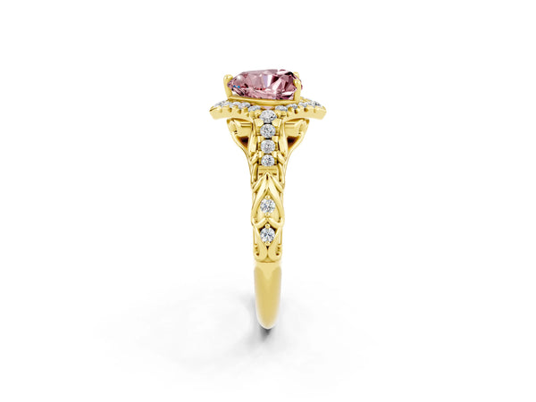 Yellow gold Heart Cut Morganite Solitaire Ring with Hidden Halo and Pavé Band
