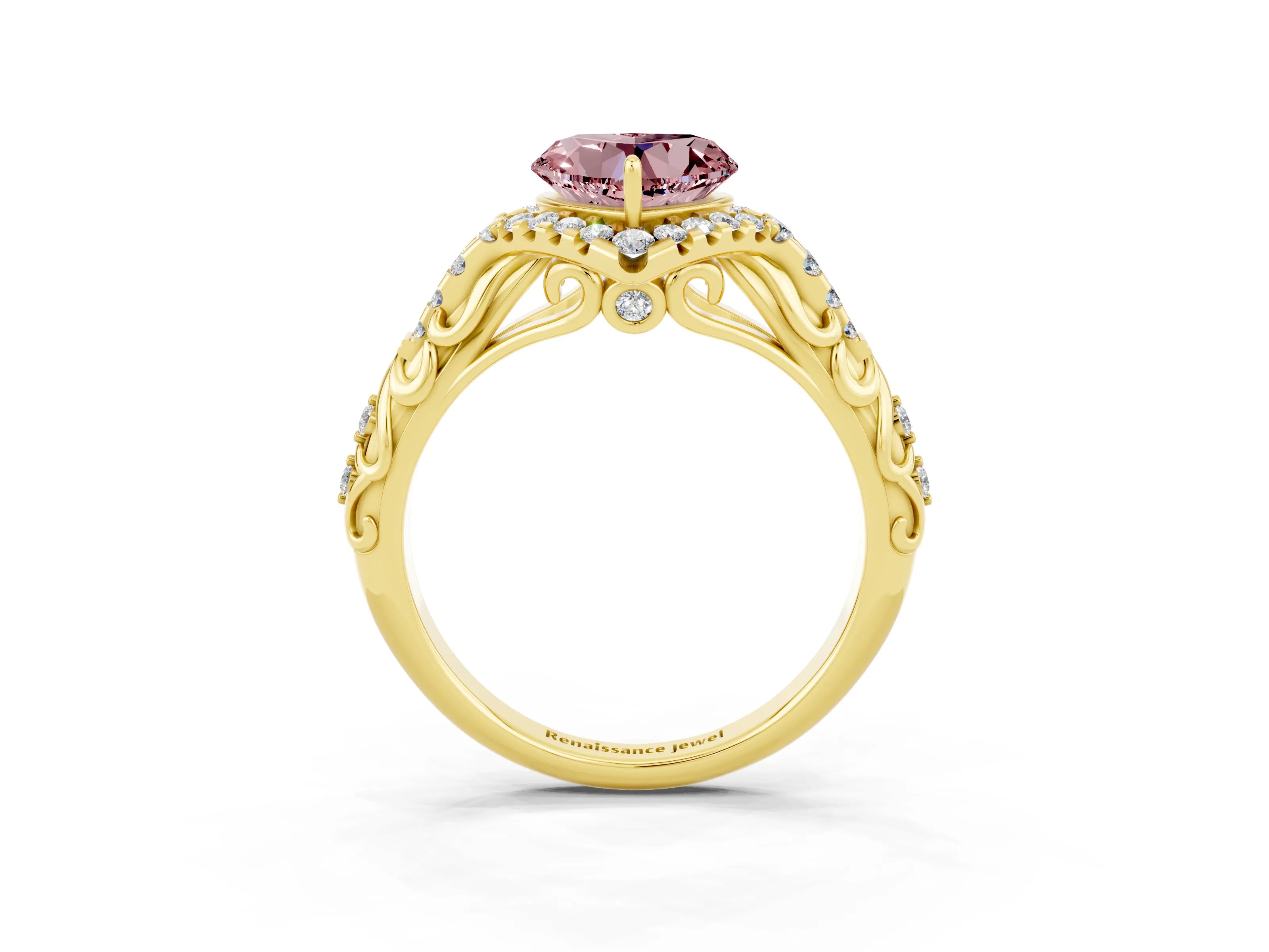 Yellow gold Heart Cut Morganite Solitaire Ring with Hidden Halo and Pavé Band_15