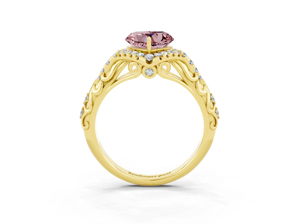 Yellow gold Heart Cut Morganite Solitaire Ring with Hidden Halo and Pavé Band