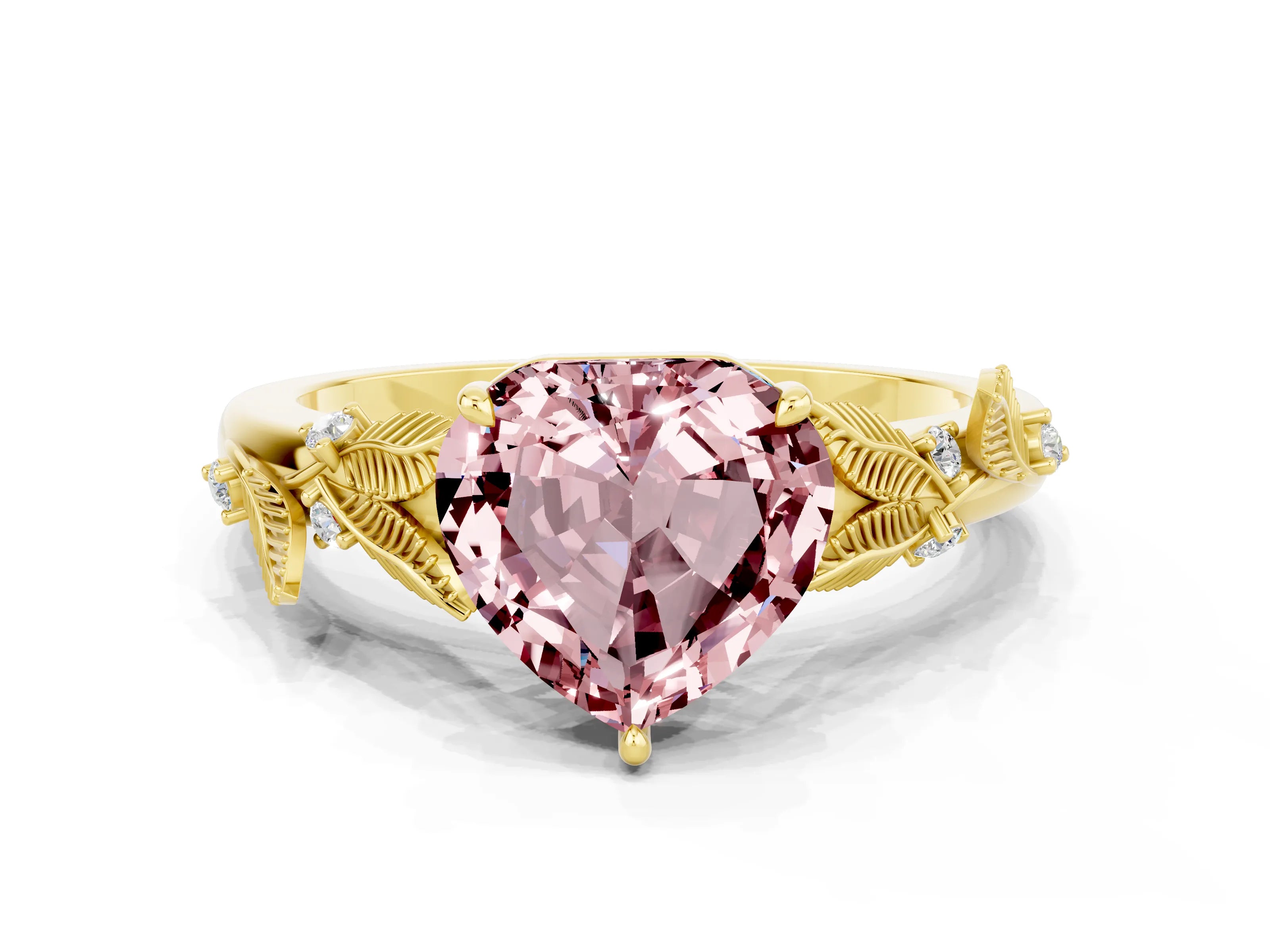 Yellow gold Heart Cut Morganite Solitaire Ring with Leaf Motif Band and Four-Prong Setting