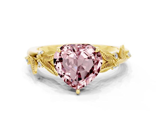 Yellow gold Heart Cut Morganite Solitaire Ring with Leaf Motif Band and Four-Prong Setting