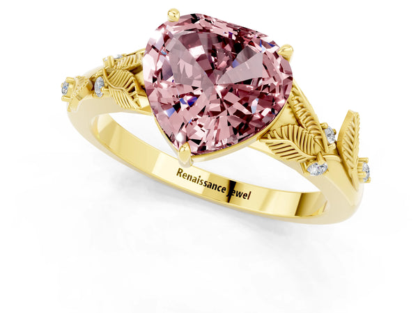 Yellow gold Heart Cut Morganite Solitaire Ring with Leaf Motif Band and Four-Prong Setting