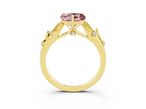 Yellow gold Heart Cut Morganite Solitaire Ring with Leaf Motif Band and Four-Prong Setting