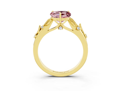 Yellow gold Heart Cut Morganite Solitaire Ring with Leaf Motif Band and Four-Prong Setting_3