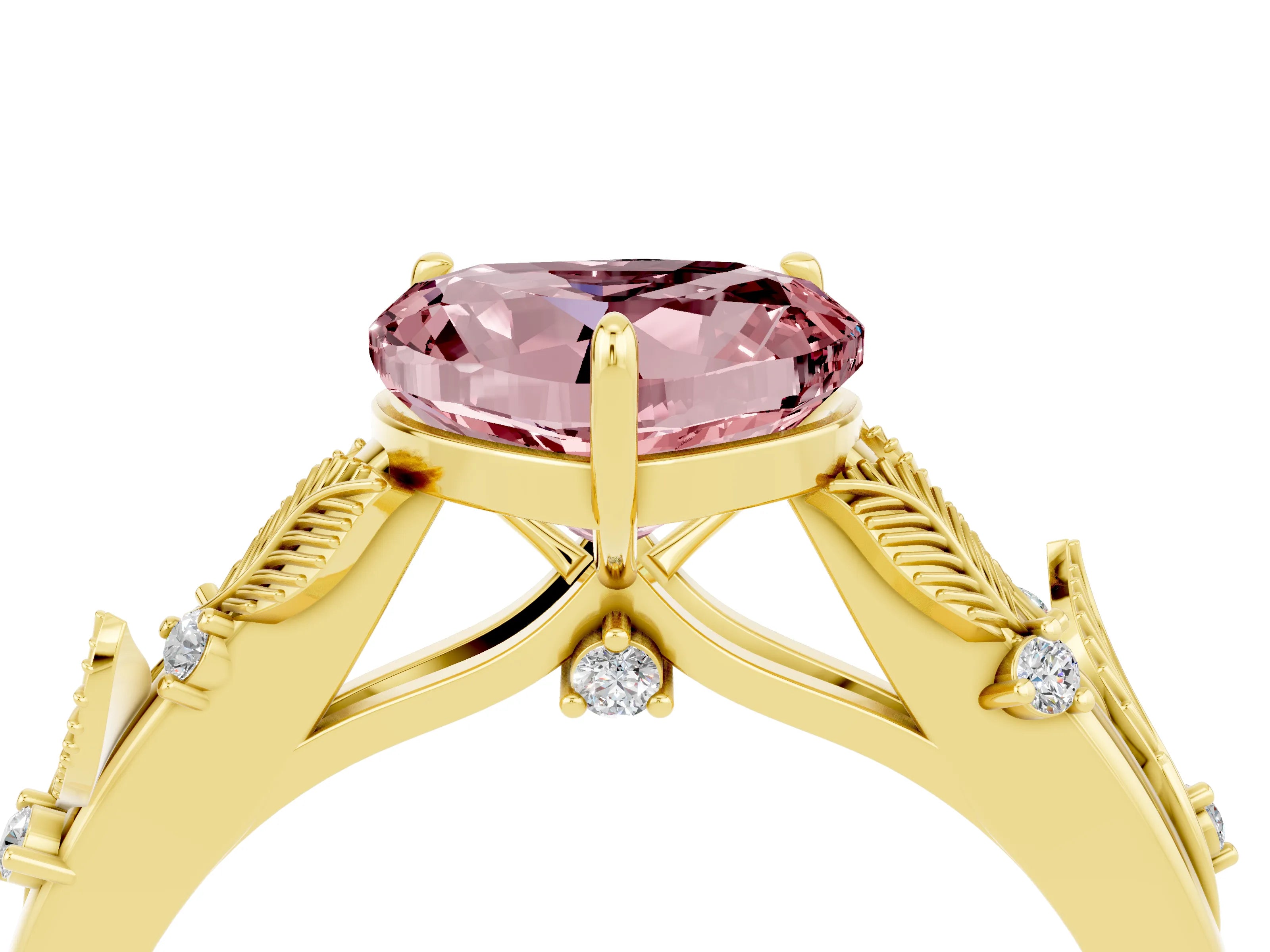 Yellow gold Heart Cut Morganite Solitaire Ring with Leaf Motif Band and Four-Prong Setting_4