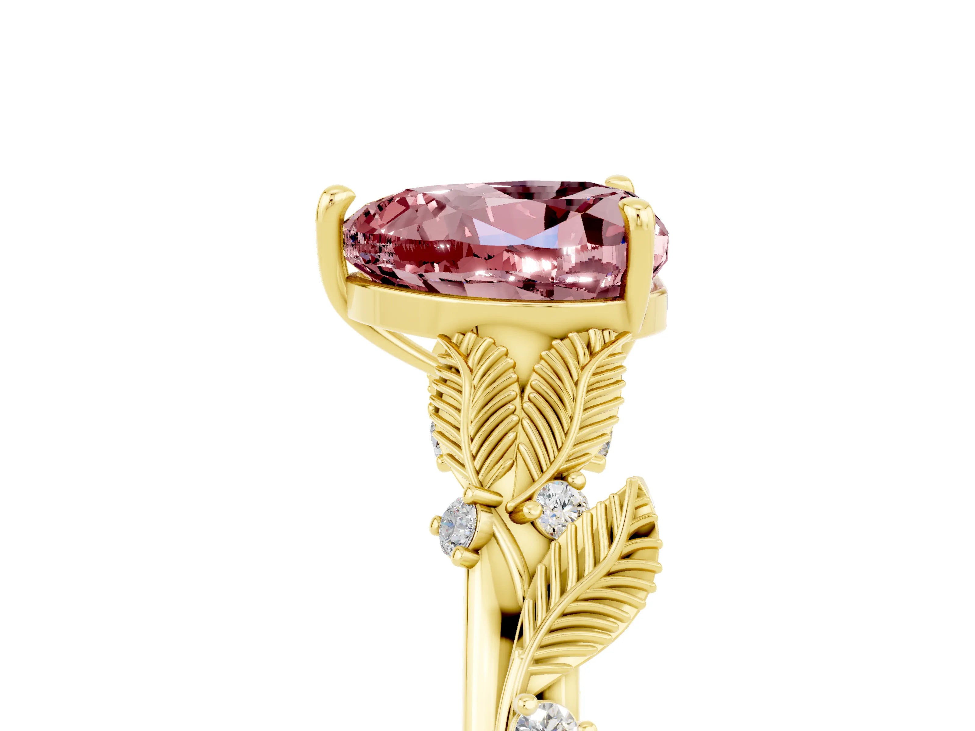 Yellow gold Heart Cut Morganite Solitaire Ring with Leaf Motif Band and Four-Prong Setting_5