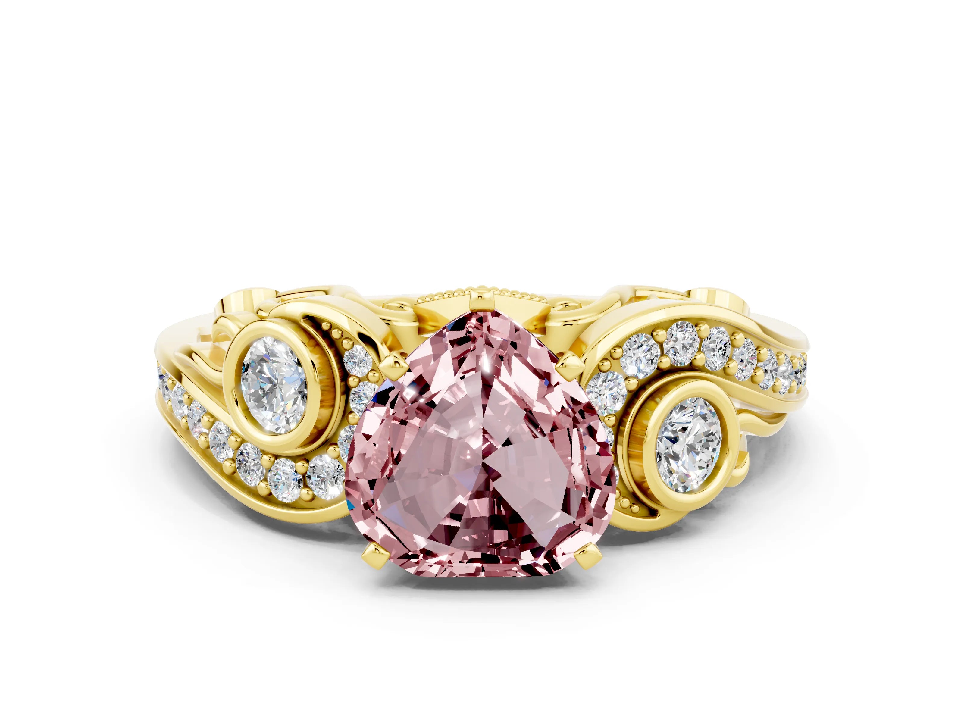 Yellow gold Heart Cut Morganite Solitaire Ring with Milgrain Pavé Band and Four-Prong Setting_24