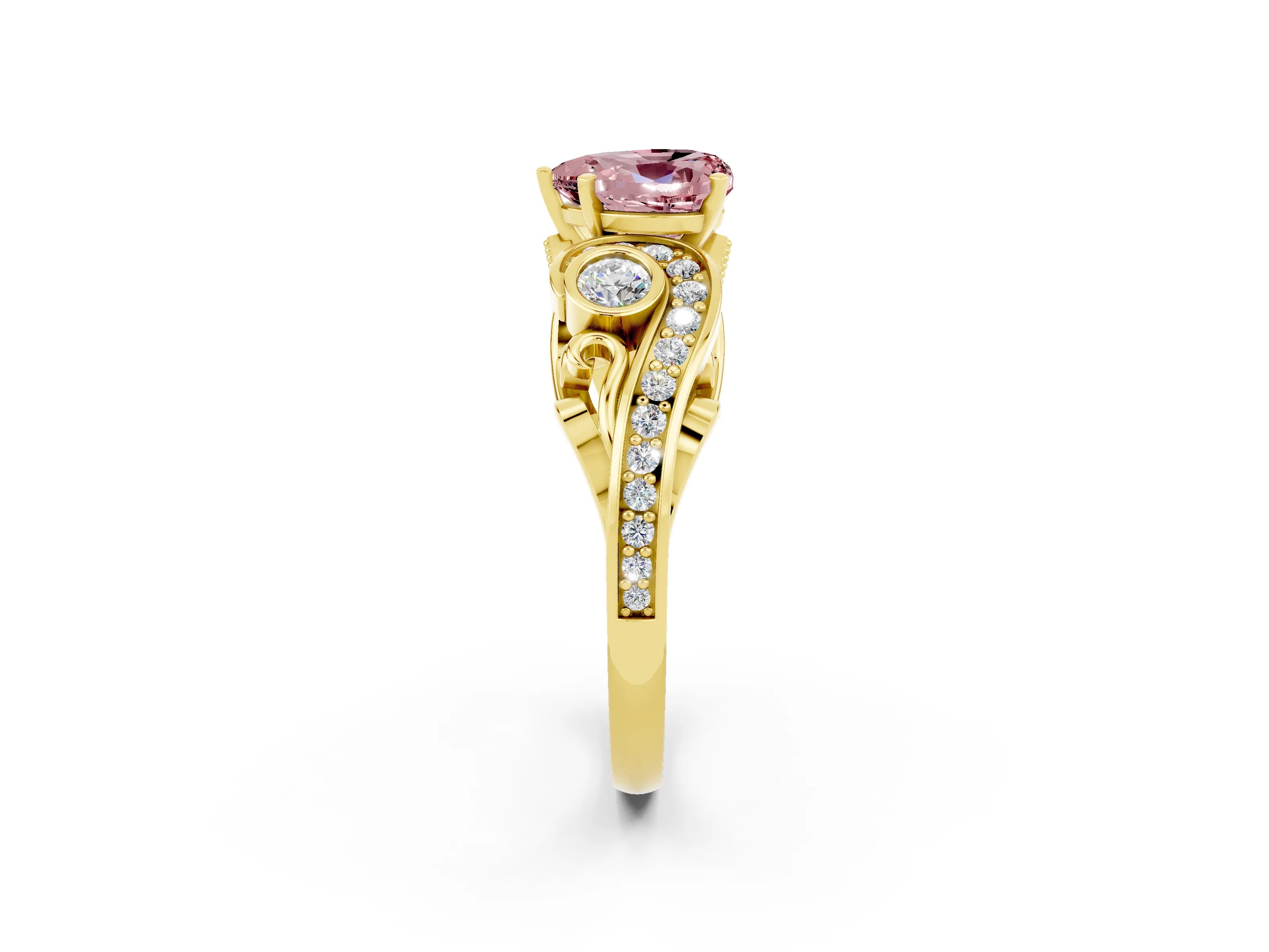 Yellow gold Heart Cut Morganite Solitaire Ring with Milgrain Pavé Band and Four-Prong Setting_26