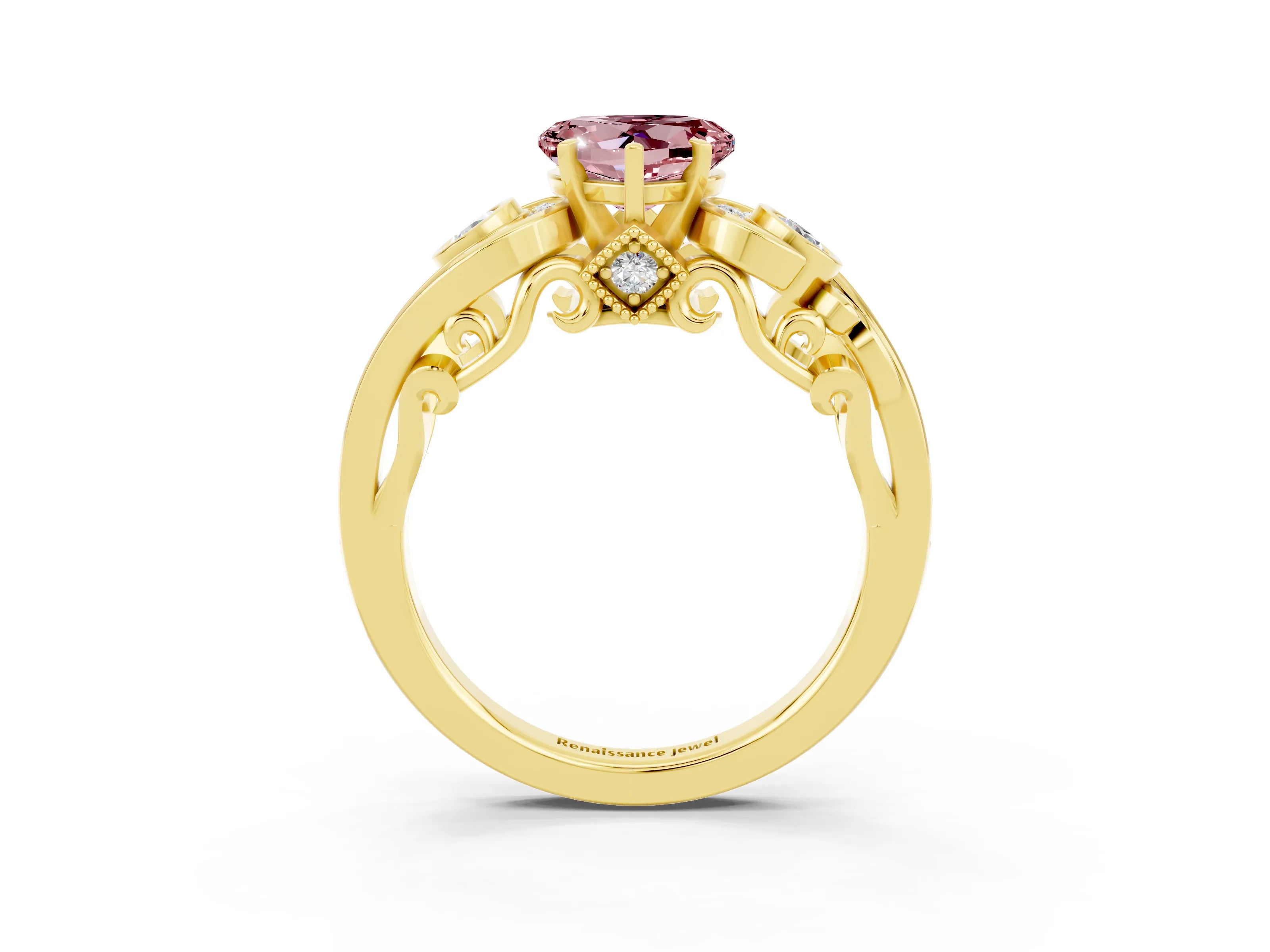 Yellow gold Heart Cut Morganite Solitaire Ring with Milgrain Pavé Band and Four-Prong Setting_27