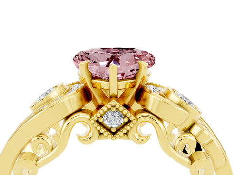 Yellow gold Heart Cut Morganite Solitaire Ring with Milgrain Pavé Band and Four-Prong Setting_28