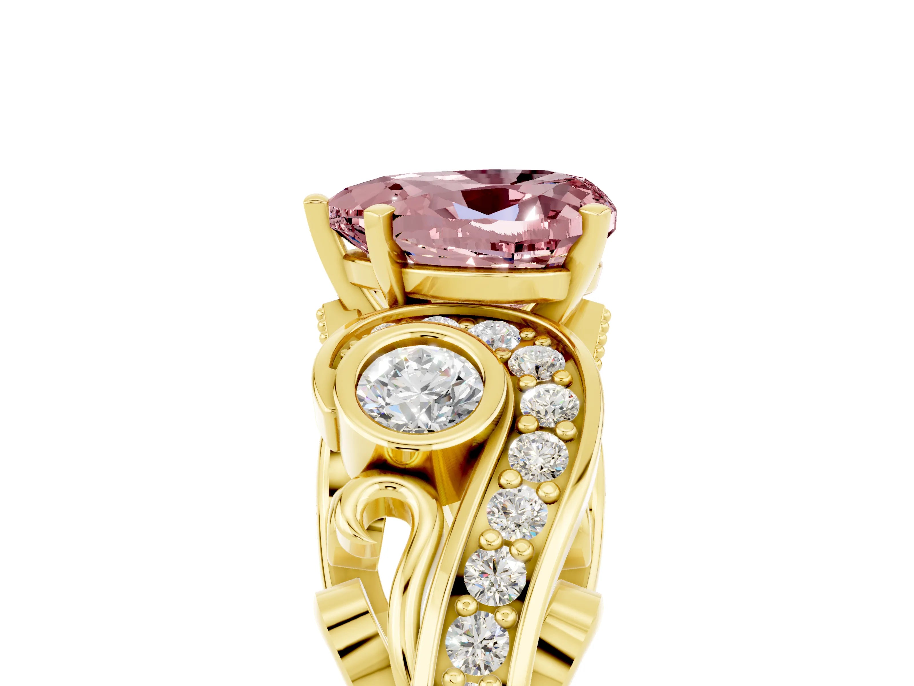 Yellow gold Heart Cut Morganite Solitaire Ring with Milgrain Pavé Band and Four-Prong Setting_29