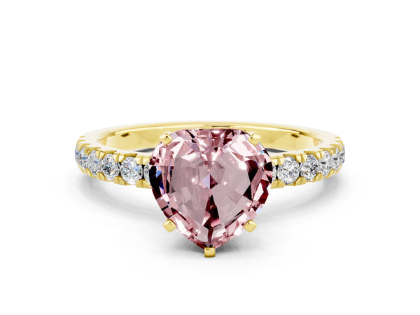 Yellow gold Heart Cut Morganite Solitaire Ring with Pavé Accents and Four-Prong Setting