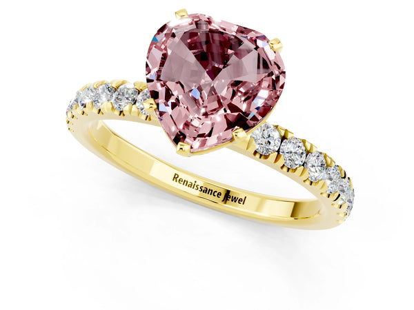 Yellow gold Heart Cut Morganite Solitaire Ring with Pavé Accents and Four-Prong Setting