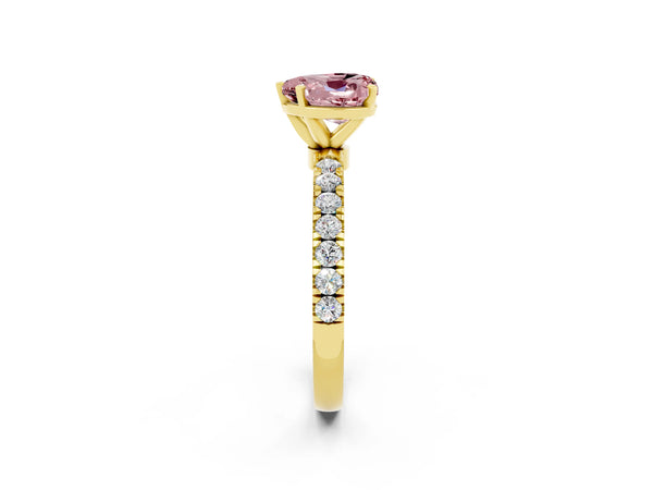 Yellow gold Heart Cut Morganite Solitaire Ring with Pavé Accents and Four-Prong Setting