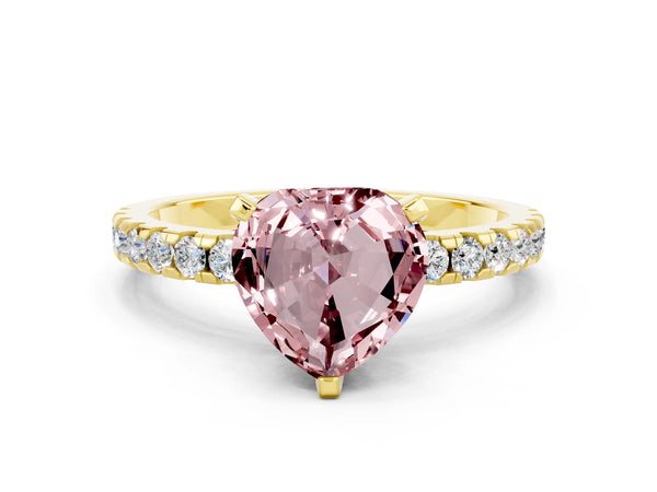 Yellow gold Heart Cut Morganite Solitaire Ring with Round  Pavé Band and Four-Prong Setting