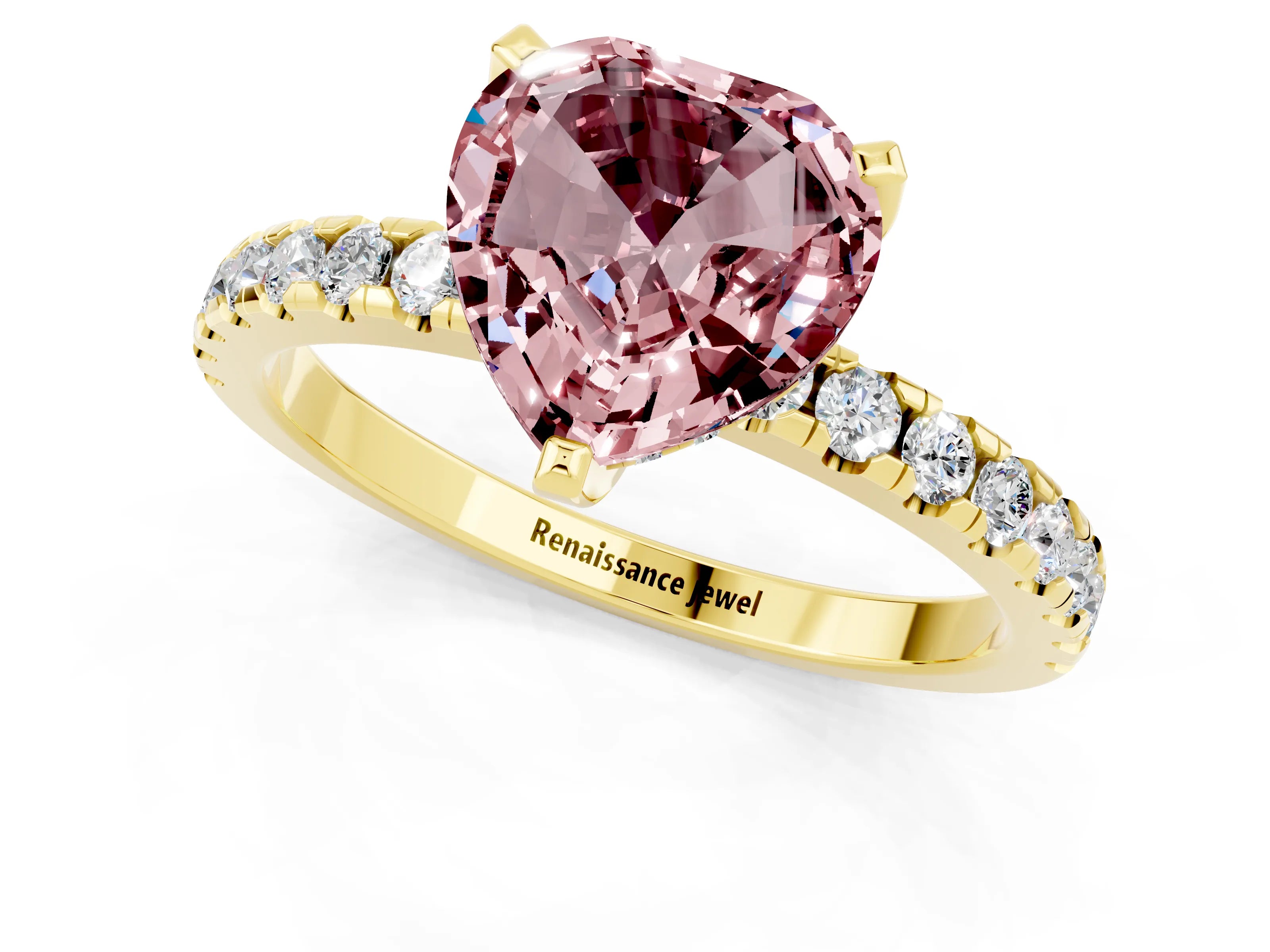Yellow gold Heart Cut Morganite Solitaire Ring with Pavé Band and Four-Prong Setting_25