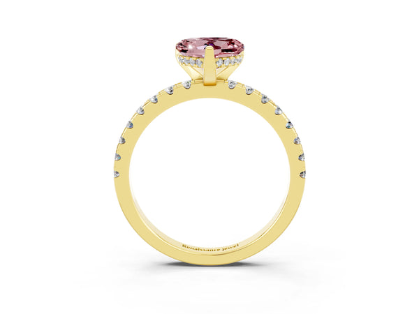 Yellow gold Heart Cut Morganite Solitaire Ring with Round  Pavé Band and Four-Prong Setting