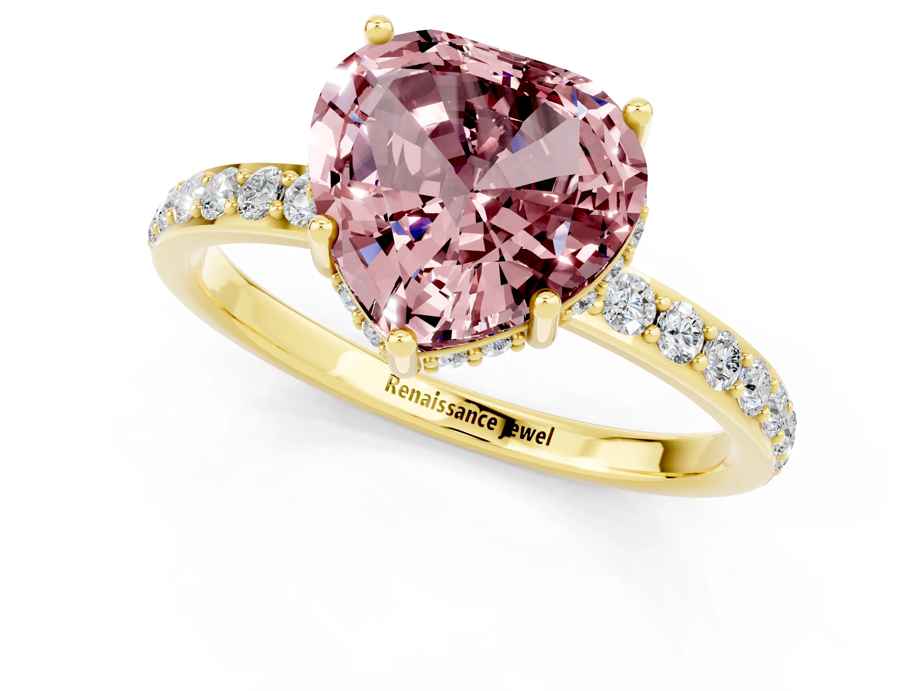 Yellow gold Heart Cut Morganite Solitaire Ring with Pavé Band and Hidden Halo_13