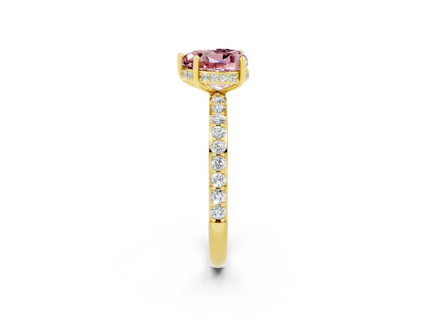 Yellow gold Heart Cut Morganite Solitaire Ring with Pavé Band and Hidden Halo