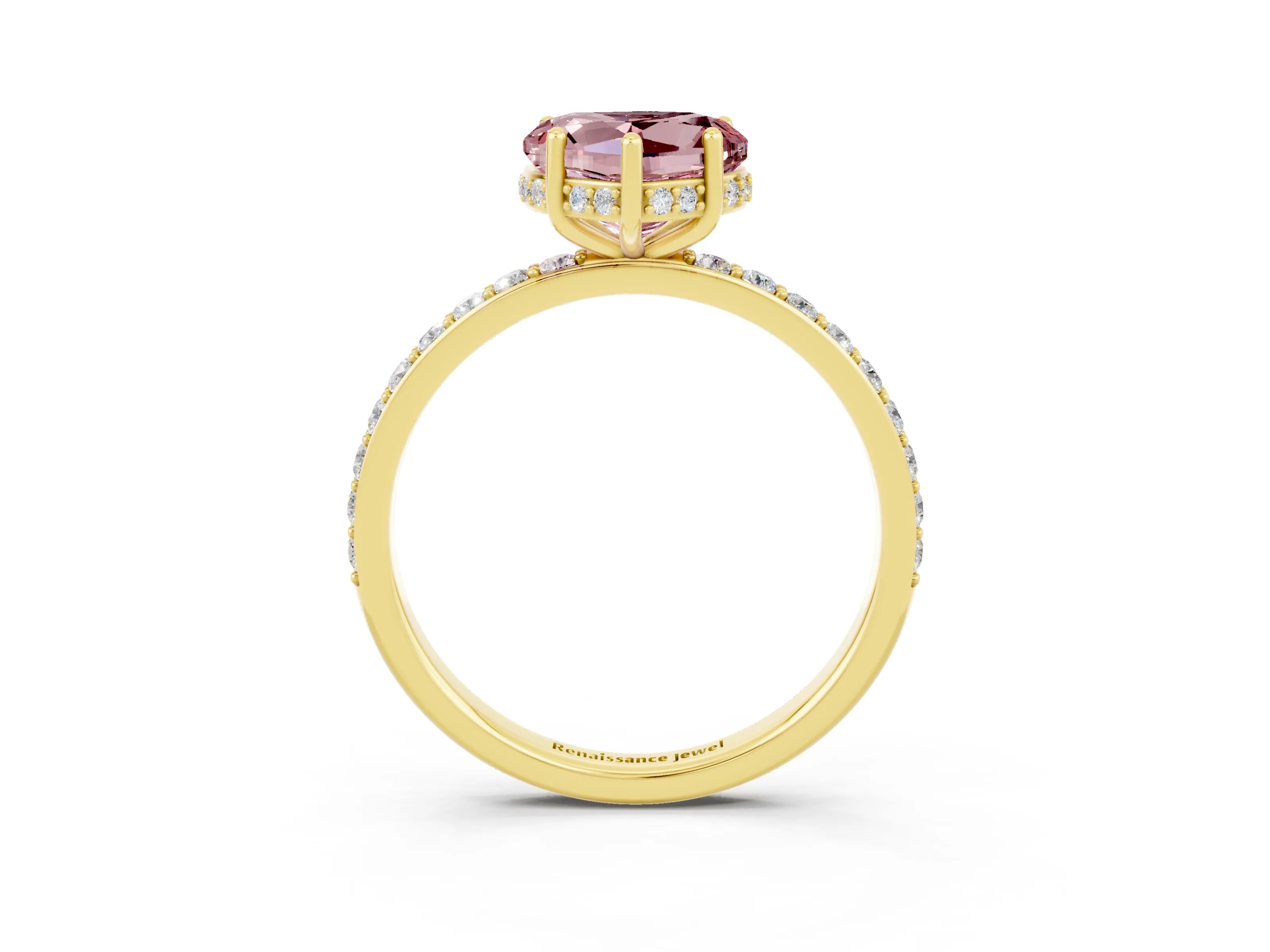Yellow gold Heart Cut Morganite Solitaire Ring with Pavé Band and Hidden Halo_15