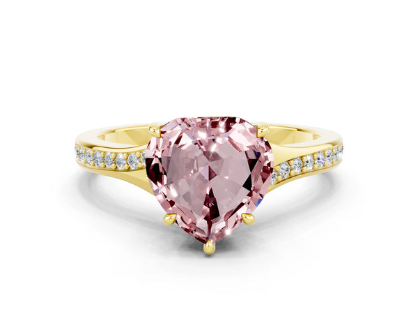 Yellow gold Heart Cut Morganite Solitaire Ring with Pavé Band and Prong Setting