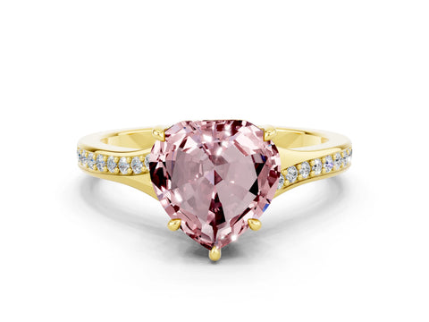 Yellow gold Heart Cut Morganite Solitaire Ring with Pavé Band and Prong Setting
