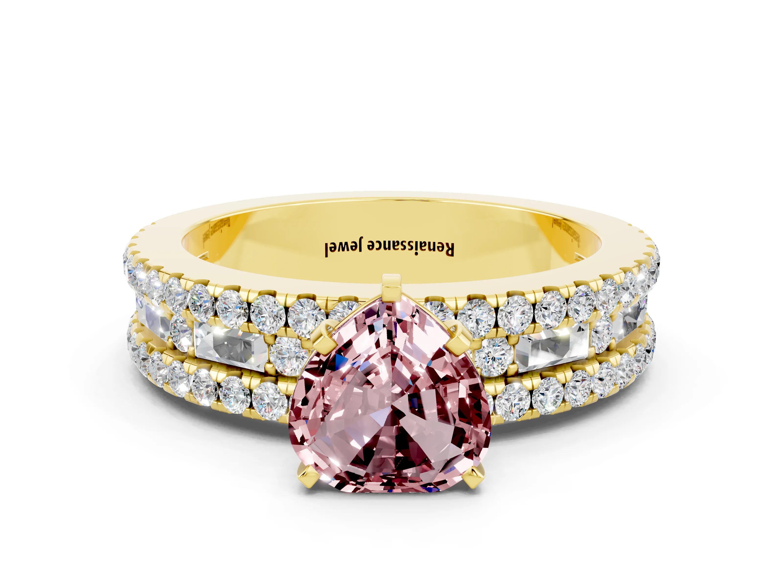 Yellow gold Heart Cut Morganite Solitaire Ring with Pavé and Channel Set Band