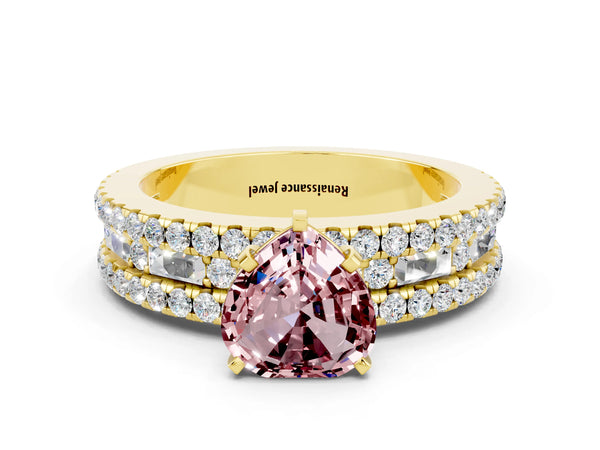 Yellow gold Heart Cut Morganite Solitaire Ring with Pavé and Channel Set Band