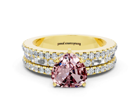 Yellow gold Heart Cut Morganite Solitaire Ring with Pavé and Channel Set Band