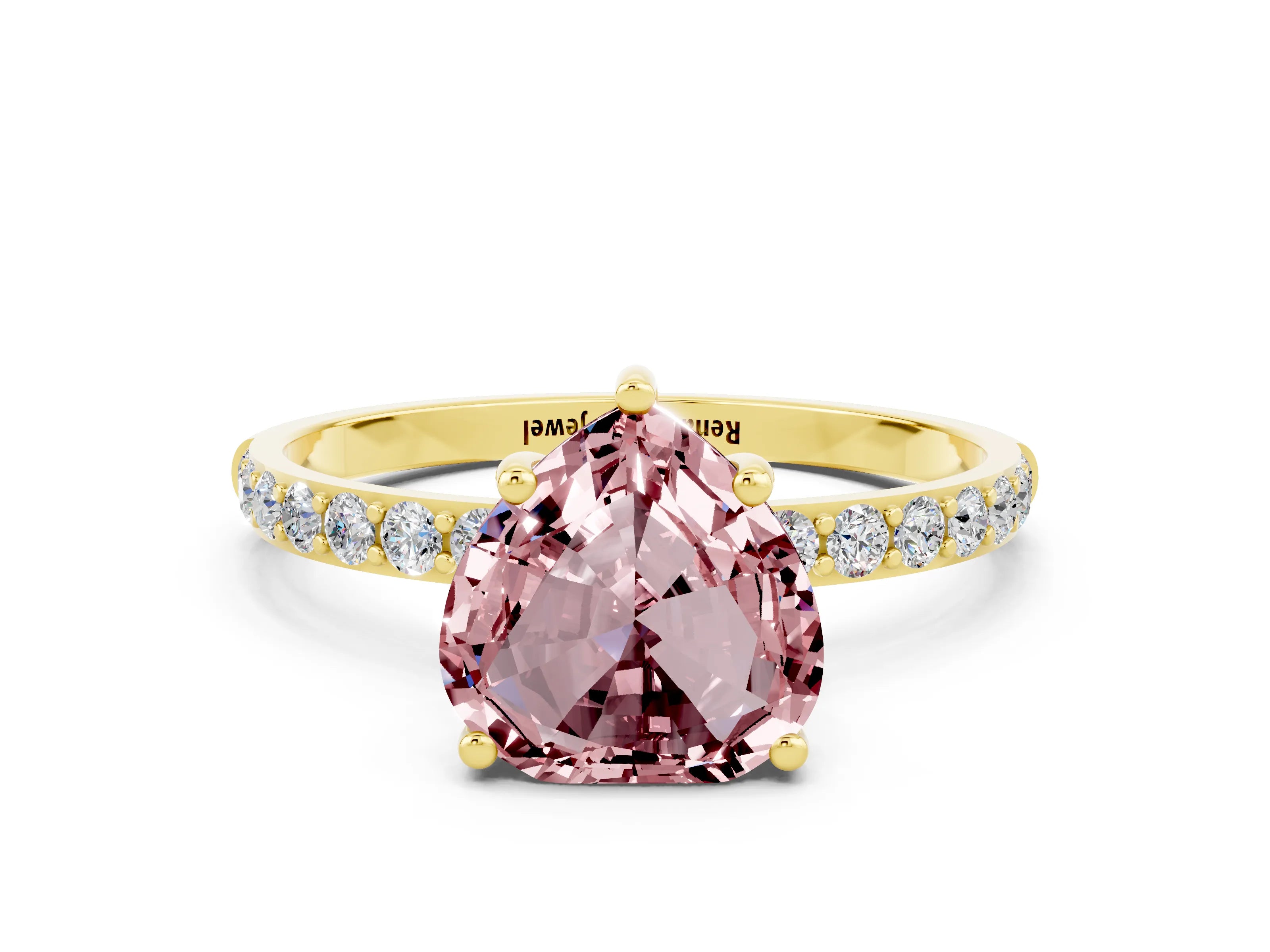 Yellow gold Heart Cut Morganite Solitaire Ring with Pave Band and Four Prong Setting_24