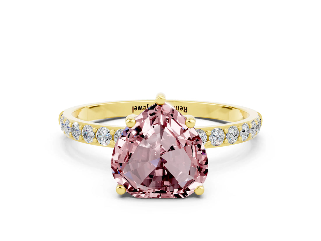 Yellow gold Heart Cut Morganite Solitaire Ring with Pave Band and Four Prong Setting_24