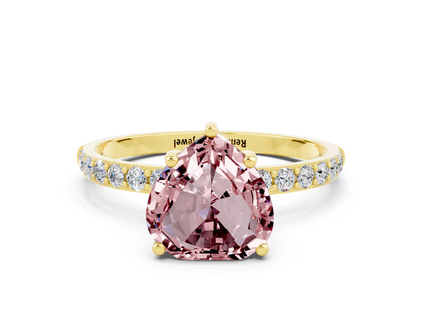 Yellow gold Heart Cut Morganite Solitaire Ring with Round  Pavé Band and Prong Setting