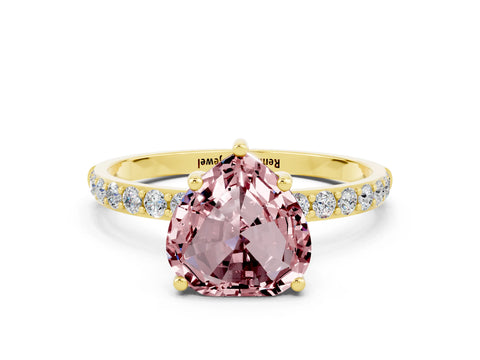 Yellow gold Heart Cut Morganite Solitaire Ring with Pave Band and Four Prong Setting_24