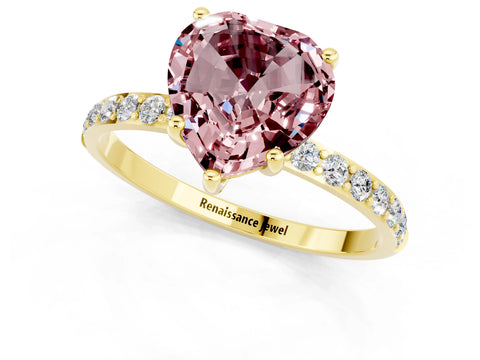 Yellow gold Heart Cut Morganite Solitaire Ring with Pave Band and Four Prong Setting_25