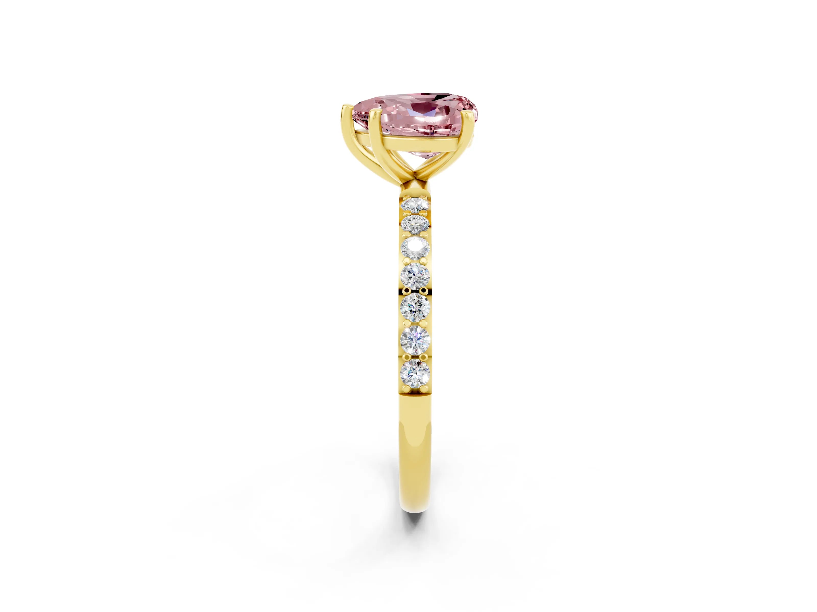 Yellow gold Heart Cut Morganite Solitaire Ring with Pave Band and Four Prong Setting_26