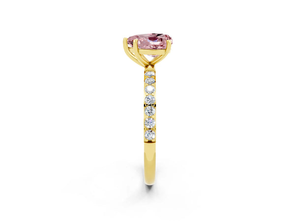 Yellow gold Heart Cut Morganite Solitaire Ring with Round  Pavé Band and Prong Setting