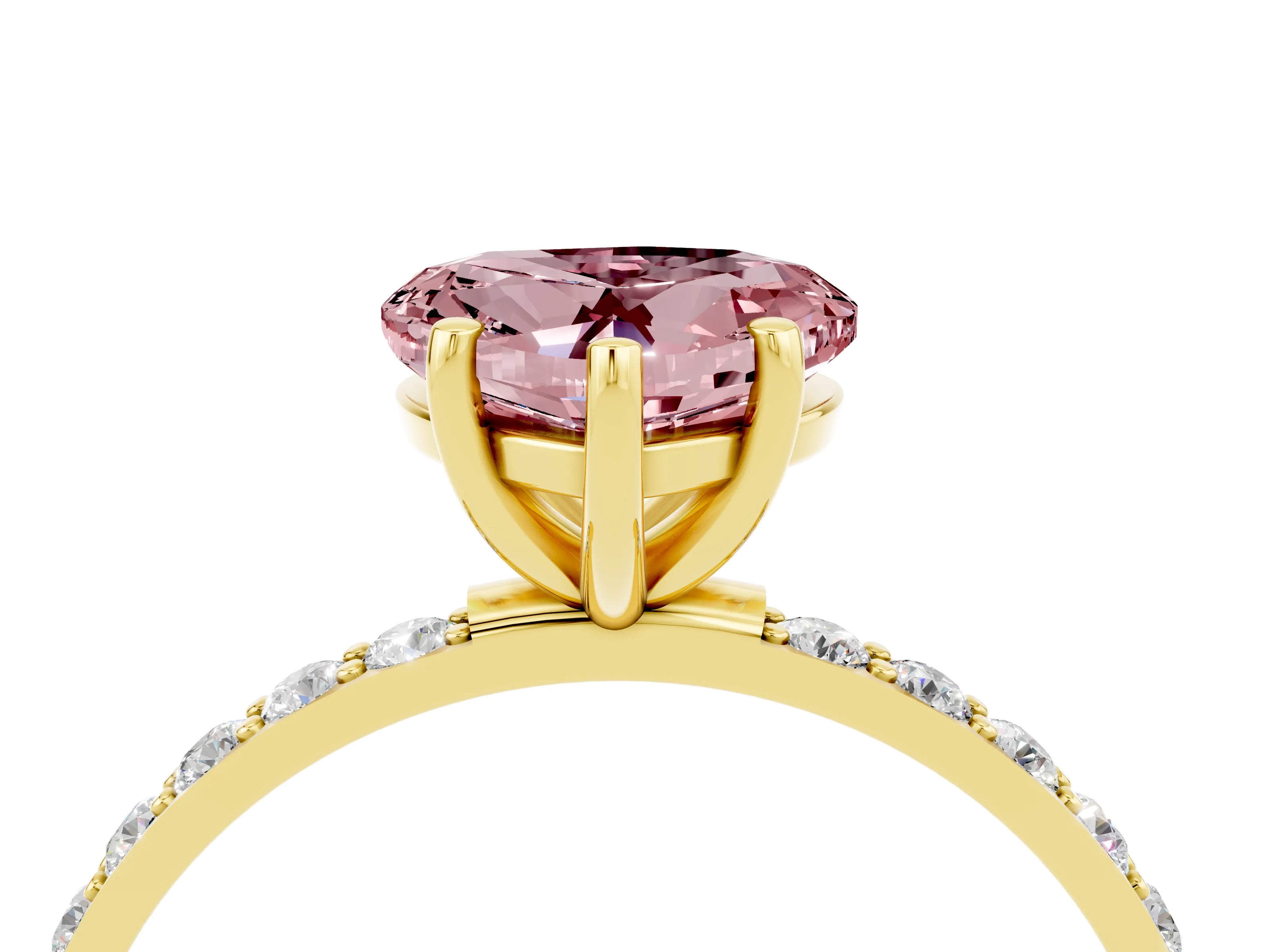 Yellow gold Heart Cut Morganite Solitaire Ring with Pave Band and Four Prong Setting_28