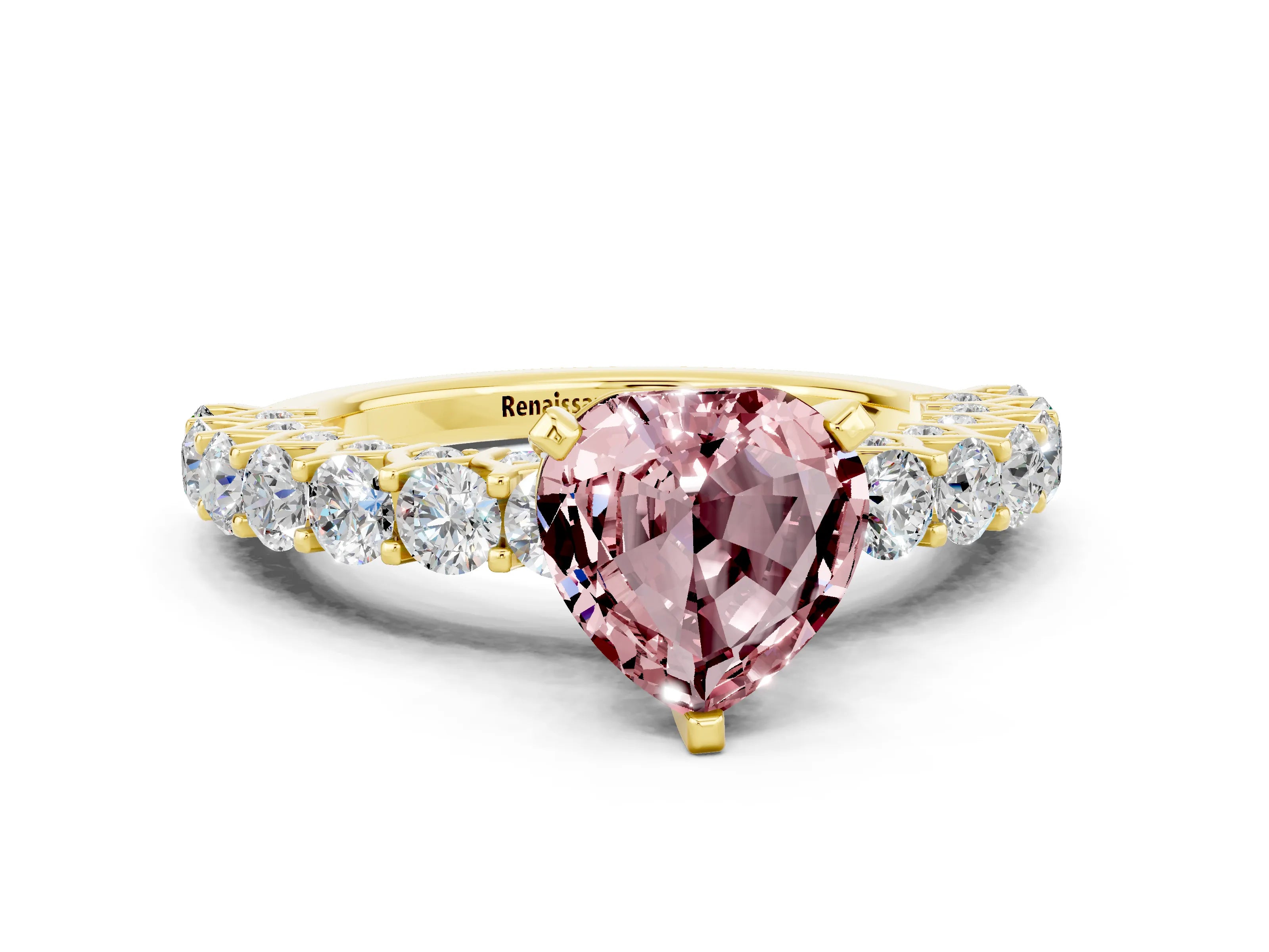 Yellow gold Heart Cut Morganite Solitaire Ring with Shared Prong Pavé Band and Four-Prong Setting