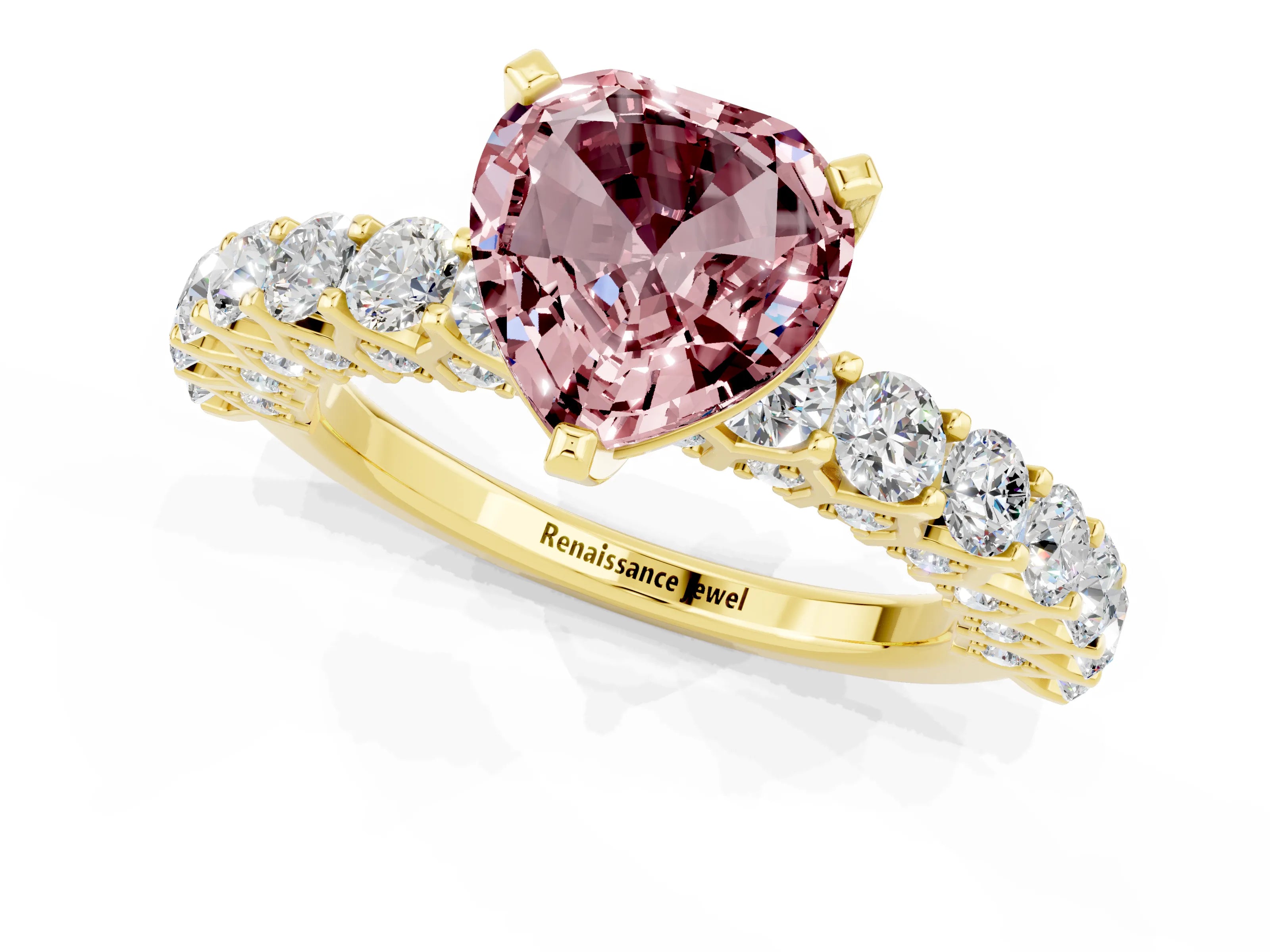 Yellow gold Heart Cut Morganite Solitaire Ring with Shared Prong Pavé Band and Four-Prong Setting_1