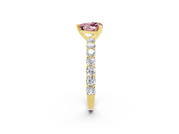 Yellow gold Heart Cut Morganite Solitaire Ring with Shared Prong Pavé Band and Four-Prong Setting
