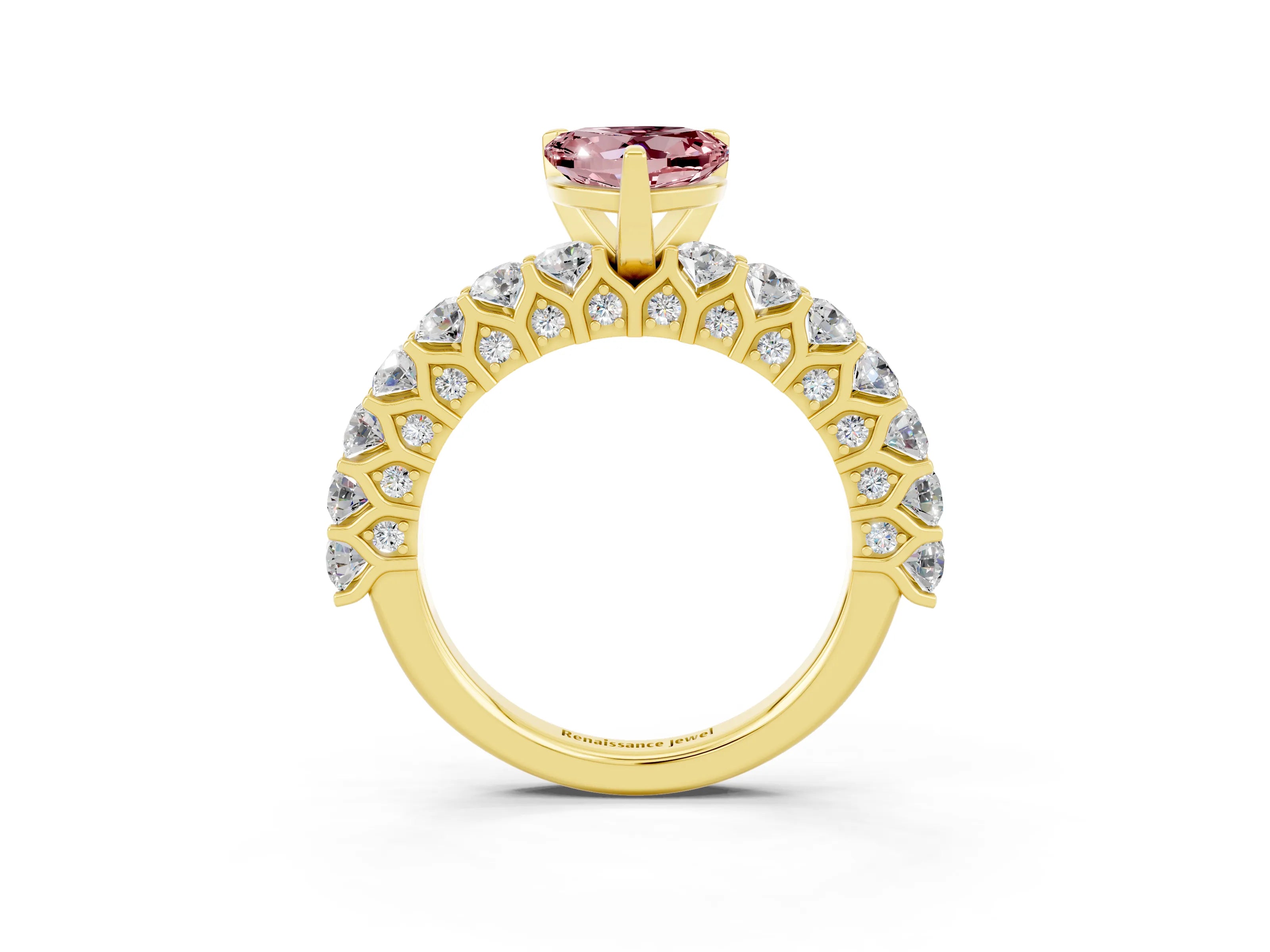 Yellow gold Heart Cut Morganite Solitaire Ring with Shared Prong Pavé Band and Four-Prong Setting_15