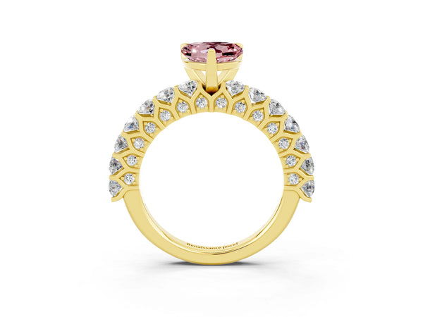 Yellow gold Heart Cut Morganite Solitaire Ring with Shared Prong Pavé Band and Four-Prong Setting
