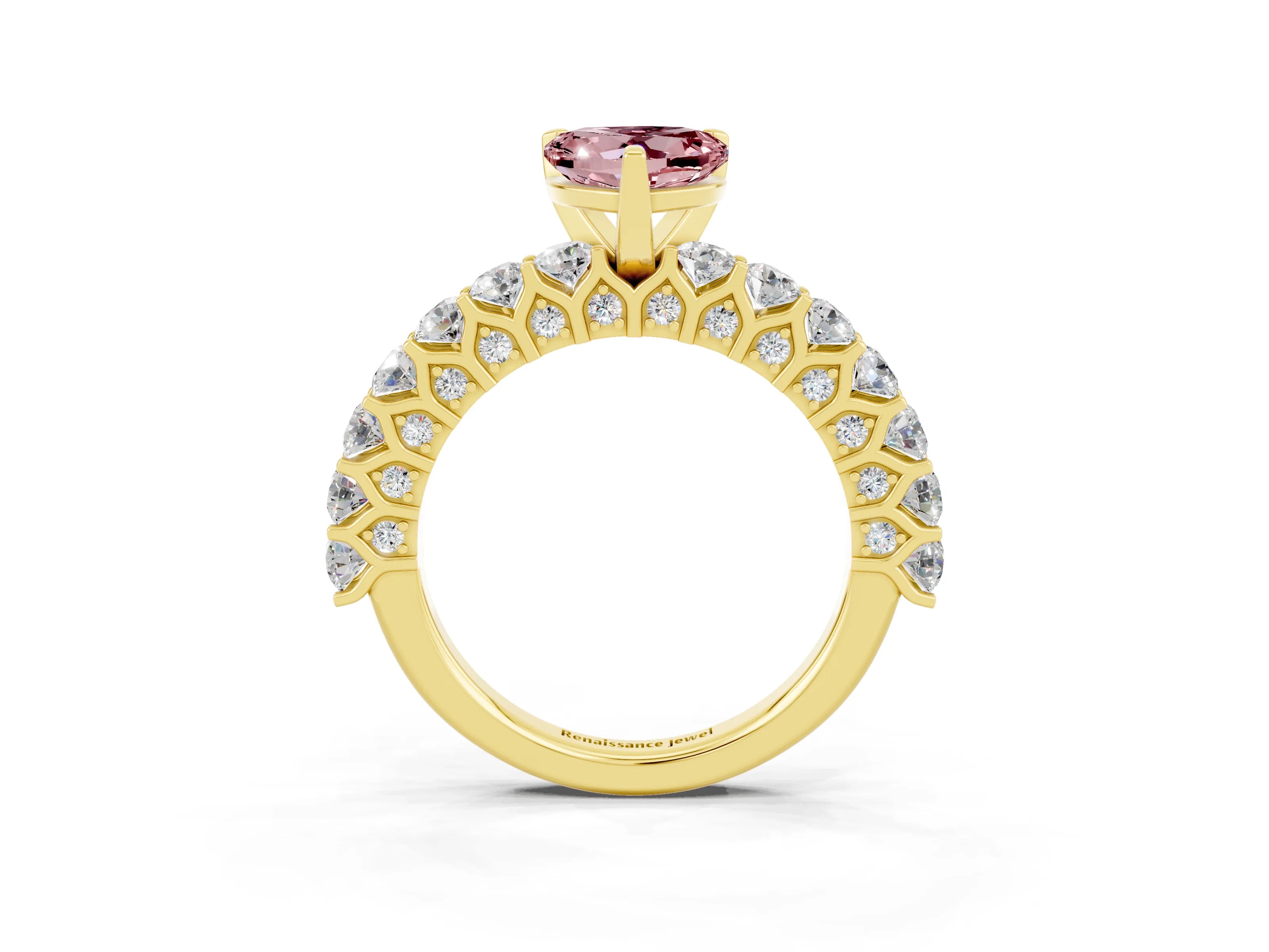 Yellow gold Heart Cut Morganite Solitaire Ring with Shared Prong Pavé Band and Four-Prong Setting_3