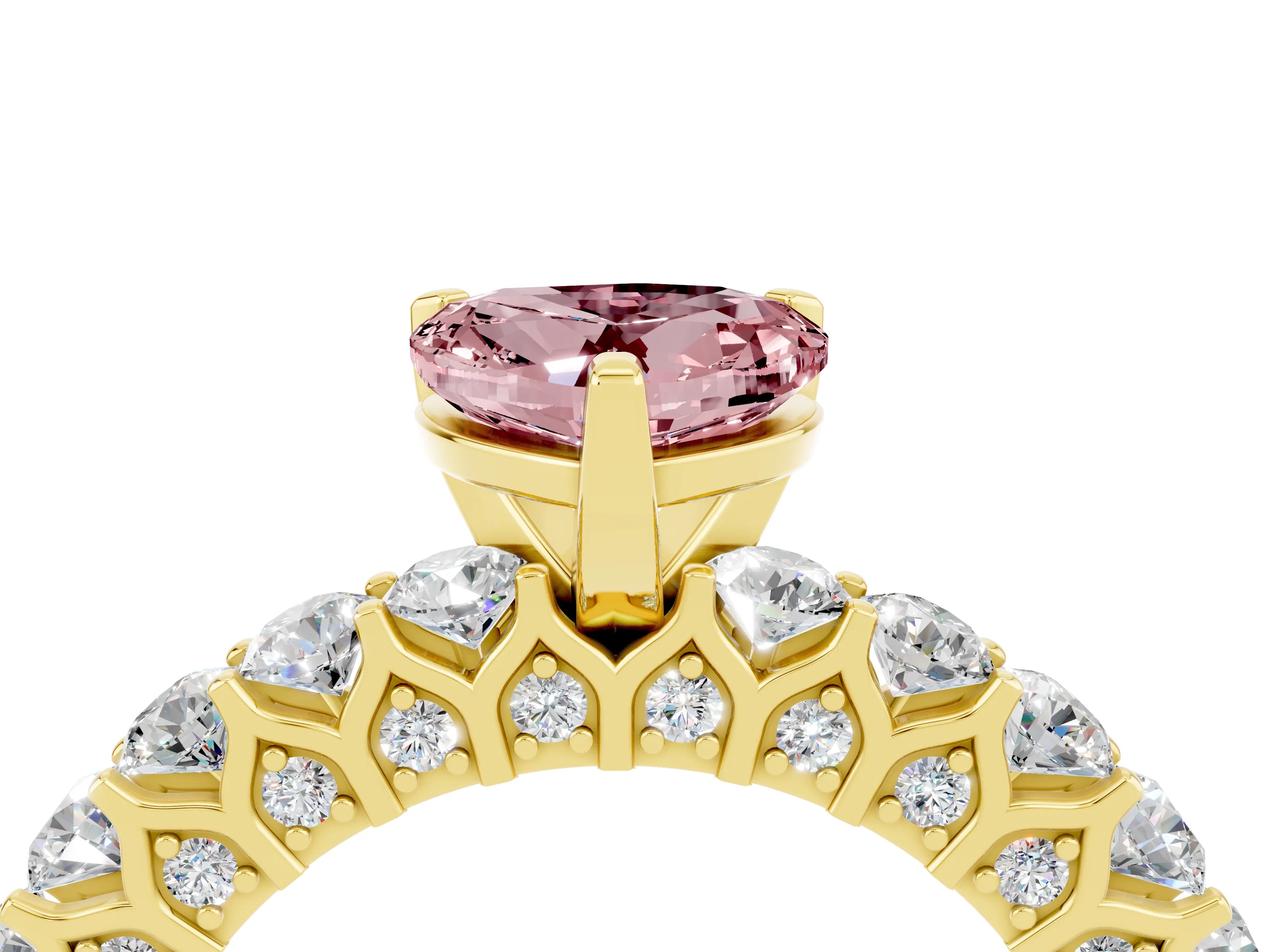 Yellow gold Heart Cut Morganite Solitaire Ring with Shared Prong Pavé Band and Four-Prong Setting_4