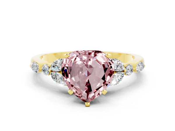 Yellow gold Heart Cut Morganite Solitaire Ring with Side Stones and Four-Prong Setting
