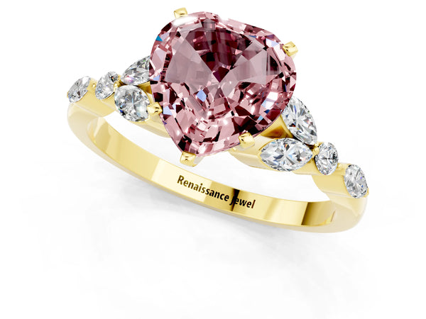 Yellow gold Heart Cut Morganite Solitaire Ring with Side Stones and Four-Prong Setting