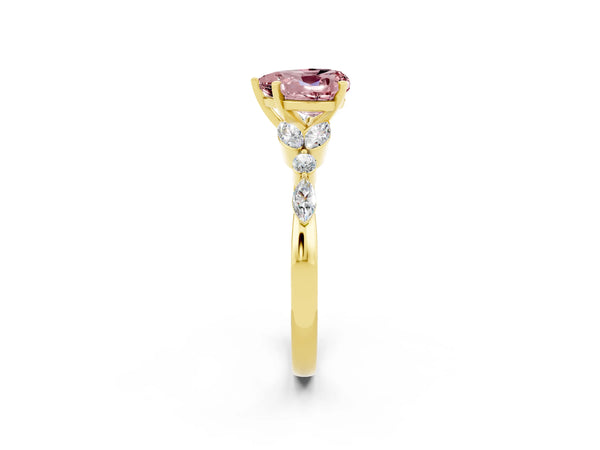 Yellow gold Heart Cut Morganite Solitaire Ring with Side Stones and Four-Prong Setting