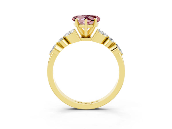 Yellow gold Heart Cut Morganite Solitaire Ring with Side Stones and Four-Prong Setting